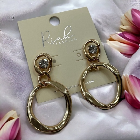 Dangle Earrings Gold Tone With Clear Rhinestone - Picture 1 of 6